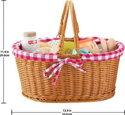Fisher-Price Wooden Picnic Basket and Food Pretend Play Set for Preschool Kids, 31 Pieces