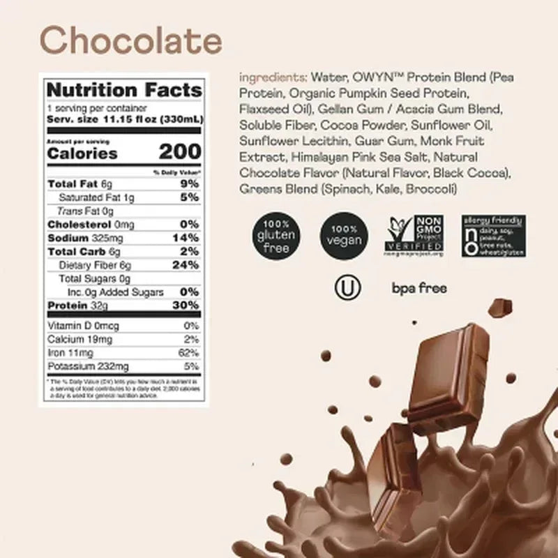 OWYN Pro Elite 32G Keto Plant Protein Shake, Chocolate (11.15 Fl. Oz, 15 Pk.)