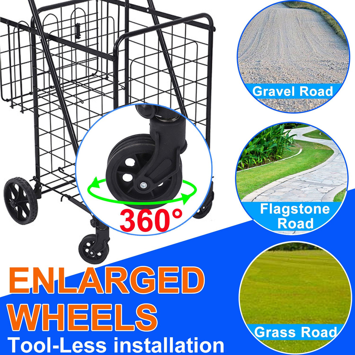 Folding Shopping Cart, Heavy Duty Grocery Cart with Removable Basket, 360° Rolling Laundry Cart & Lightweight Trolley for Shopping, Grocery, Laundry, Supermarket, Camping, Outdoor, Beach
