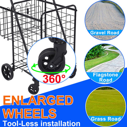 Folding Shopping Cart, Heavy Duty Grocery Cart with Removable Basket, 360° Rolling Laundry Cart & Lightweight Trolley for Shopping, Grocery, Laundry, Supermarket, Camping, Outdoor, Beach
