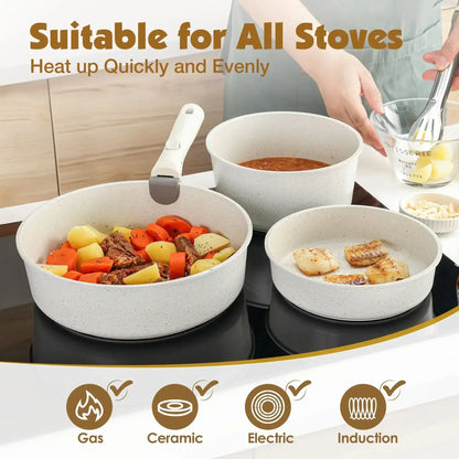 SENSARTE Nonstick Cookware Sets with Detachable Handles, 17Pcs Granite Pots and Pans Set, Induction Kitchen Cookware Sets Stackable White