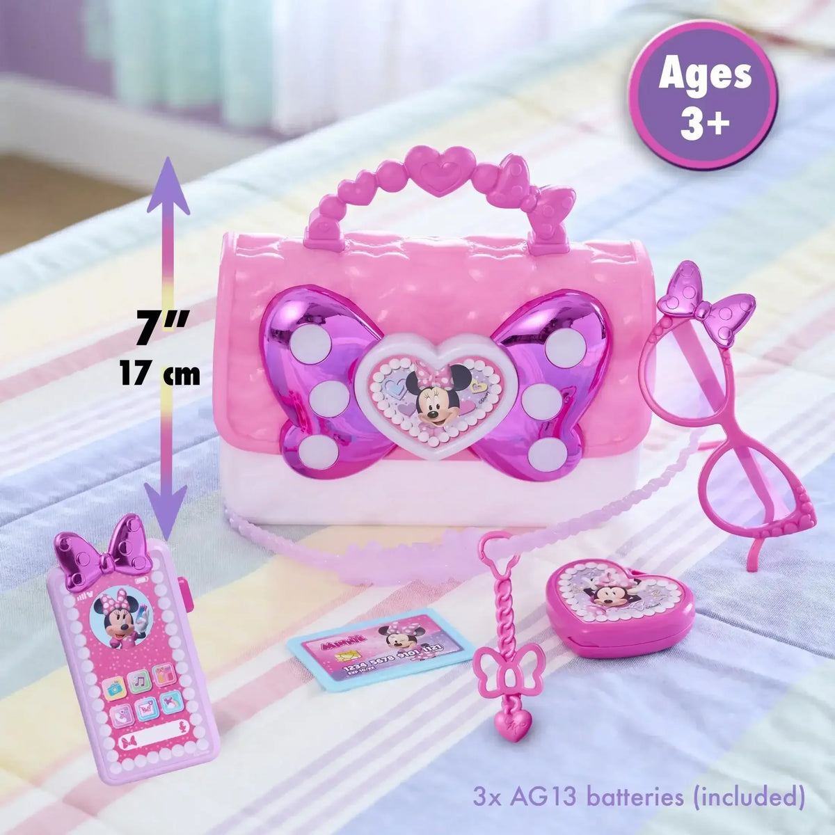 Disney Junior Minnie Mouse Bowfabulous Bag Set, 7-piece, Pretend Play, Kids Toys for Ages 3 Up