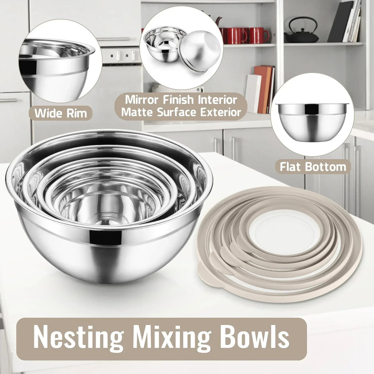Vesteel Mixing Bowls with Lids Set of 8, Stainless Steel Prep Bowls with Upgraded Airtight Visible Lid, Metal Nesting Bowl Attach with 3 Graters for Kitchen Grating/ Shredding / Mixing