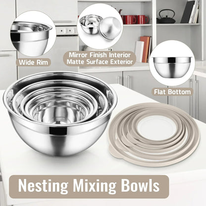Vesteel Mixing Bowls with Lids Set of 8, Stainless Steel Prep Bowls with Upgraded Airtight Visible Lid, Metal Nesting Bowl Attach with 3 Graters for Kitchen Grating/ Shredding / Mixing