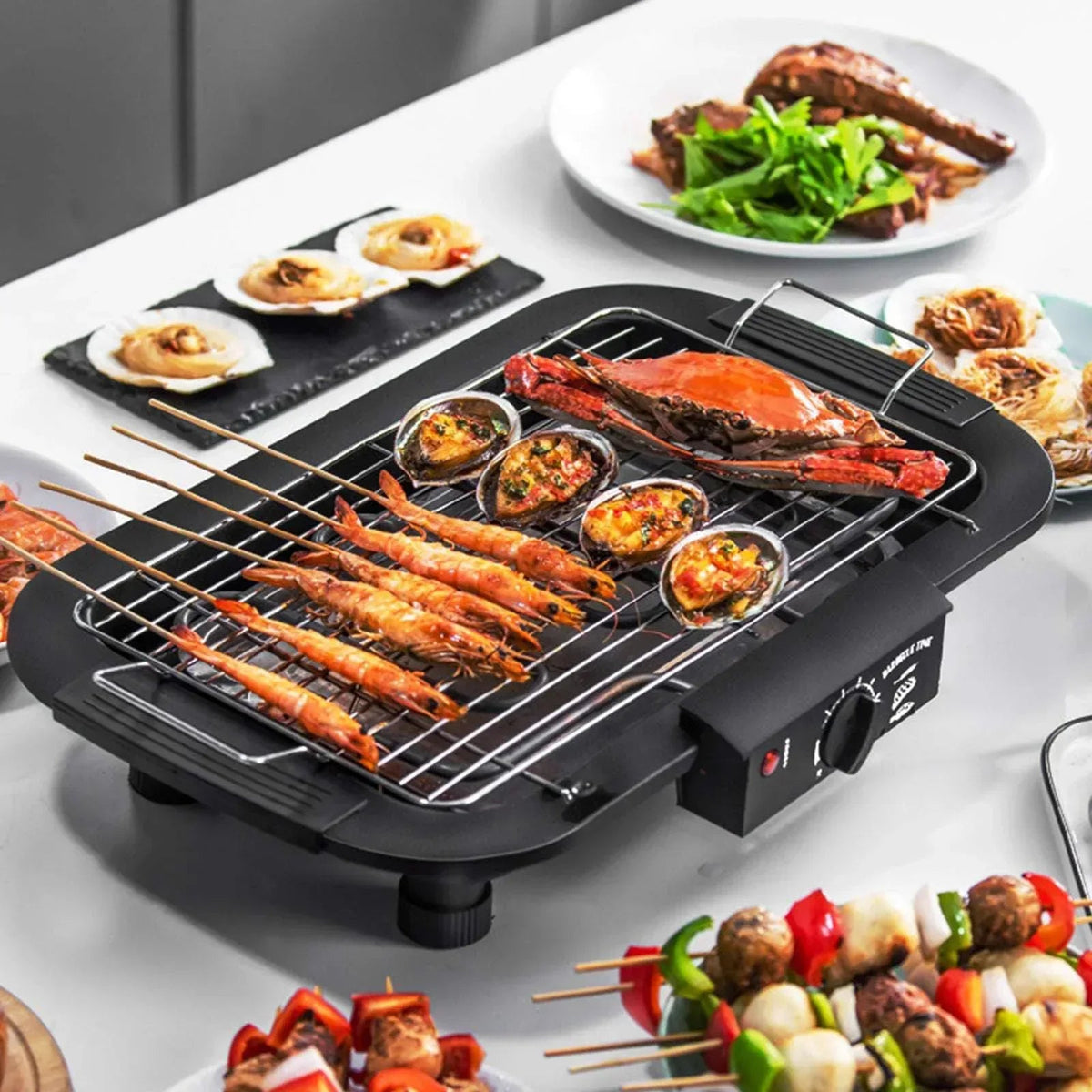 LASIEYO Electric Smokeless Grill, Non-Stick BBQ Grill Indoor Outdoor Barbecue Grill, Adjustable Temperature Control High Power Portable Removable Stand Grill for Cooking BBQ Party, Black