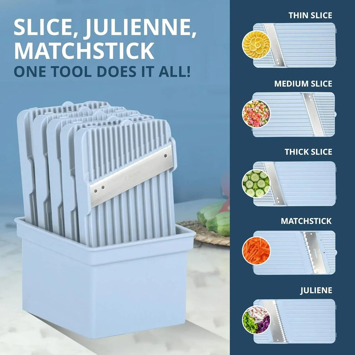 Emson Mandoline Slicer for Kitchen, All in 1 Mandolin Slicer for Food Works as Potato Slicer, Vegetable Slicer, Mandoline Food Slicer, French Fry Cutter with 5 Blades and Storage Container, Gray
