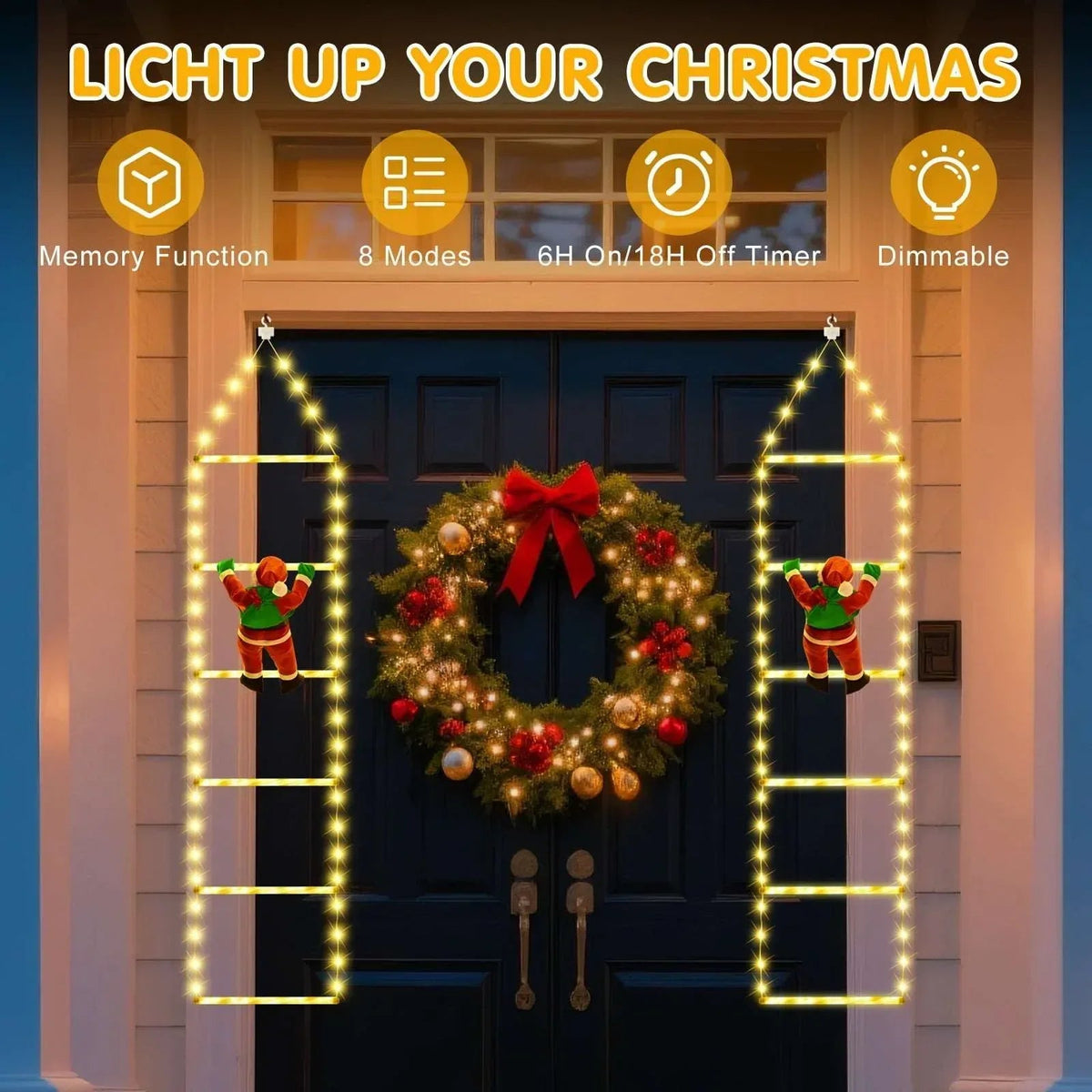 Fohil Christmas Lights, Novelty LED Ladder Lights with Climbing Santa, Christmas Decorations Indoor Outdoor, USB Rechargeable 8 Mode, Home Wall Door Decor