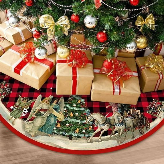 Christmas Tree Skirt, New Year Xmas Deco, 48 Inches Large Christmas Tree Skirts Snowflake Red and Black Plaid Stamp for Christmas Tree Decorations