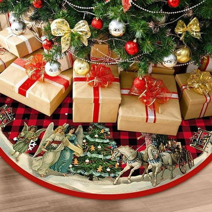 Christmas Tree Skirt, New Year Xmas Deco, 48 Inches Large Christmas Tree Skirts Snowflake Red and Black Plaid Stamp for Christmas Tree Decorations