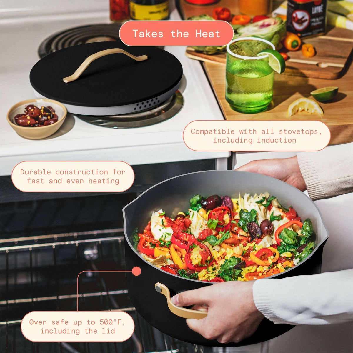 Beautiful 8 Quart Ceramic Non-Stick Stock Pot with Strainer Lid, Black Sesame by Drew Barrymore