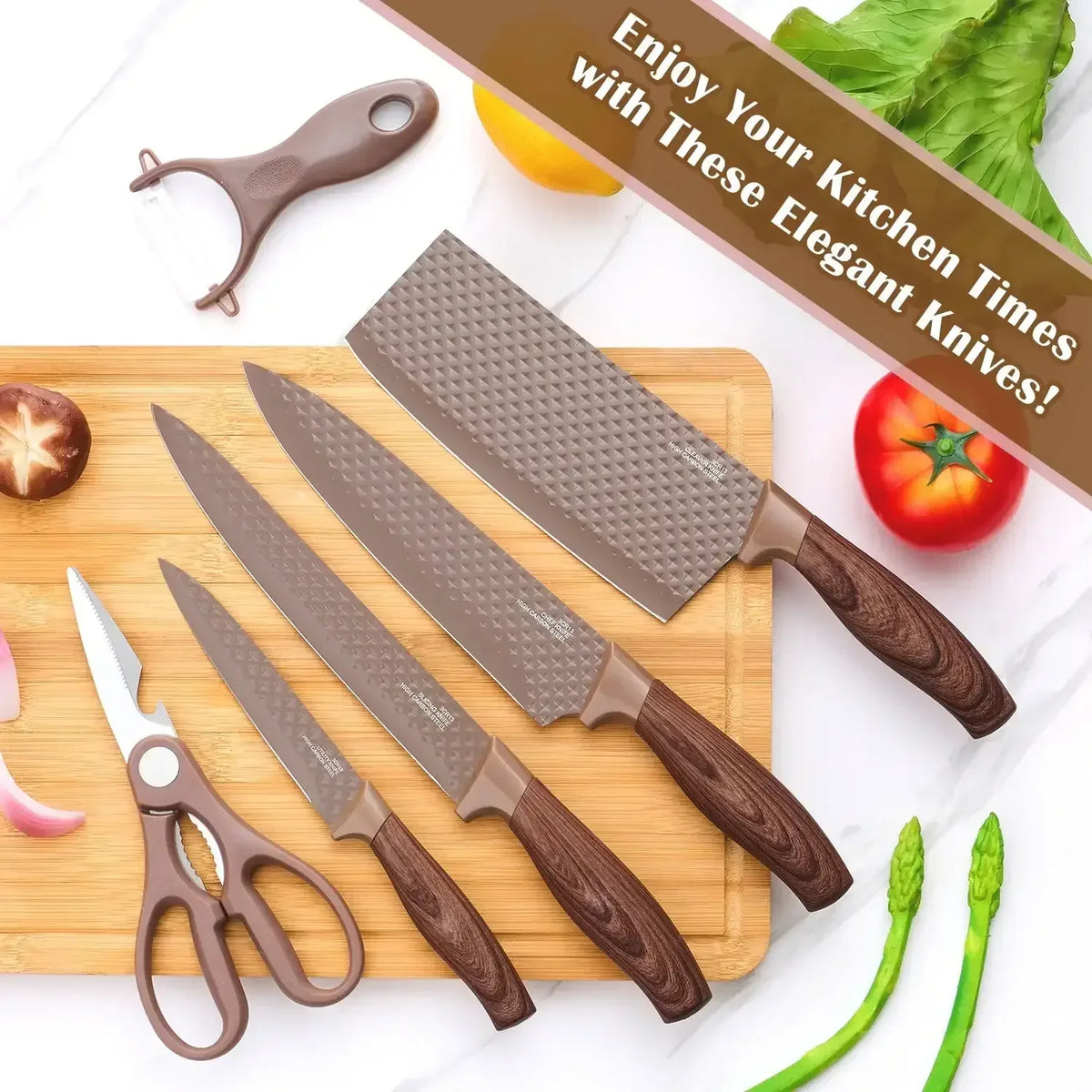 Vesteel Kitchen Knife Set of 7, Professional Stainless Steel Knives Set for Kitchen with Universal Knife Block - Khaki