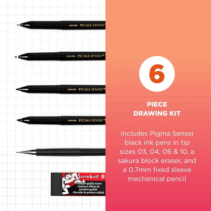 Sakura Pigma Sensei Manga Drawing Kit - Archival Black Ink Pens with Pencil & Eraser - Pens for Drawing Manga, Cartoon, & More - Assorted Nib Sizes - 6 Pack