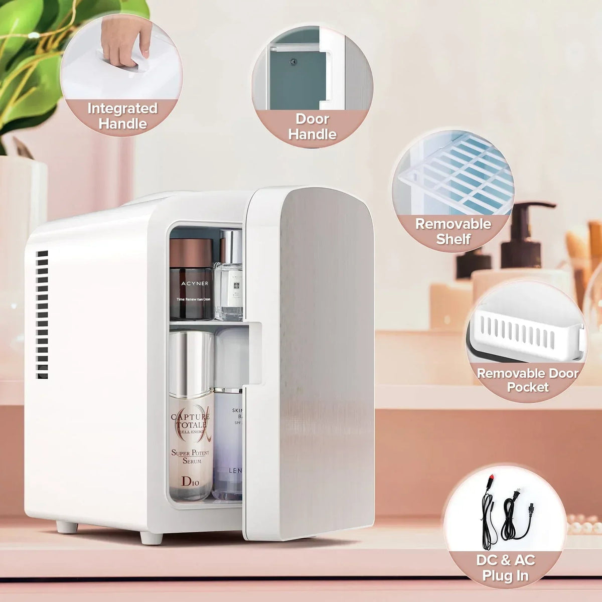Auseo Mini Portable Fridge Personal, Countertop, 4L/6 Cans, Cooler Small Refrigerator, Front Door Stainless Steel, AC/DC, Option for Skincare, Makeup, Drinks, Dorm Room, White