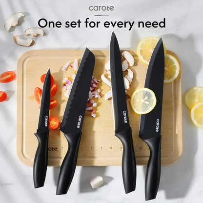 Carote 15-Piece Premium Kitchen Knife Set, Ceramic-Coated Blades with Stylish Wooden Block