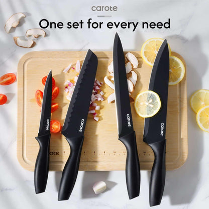 Carote 15-Piece Premium Kitchen Knife Set, Black Ceramic-Coated Blades with Stylish Wooden Block