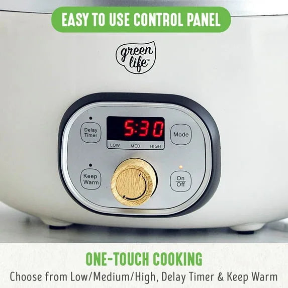 GreenLife 6 Quart Non Stick Family Meal Slow Cooker with Removable Pot, Cream