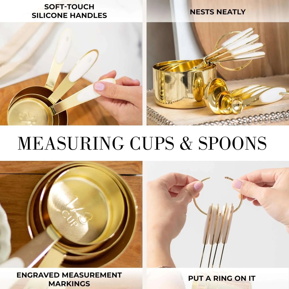 Styled Settings White and Gold Kitchen Utensils Set - 15-Piece Non-Scratch, White and Gold Utensils Set Includes White Silicone Cooking Utensils and White and Gold Measuring Cups and Spoons