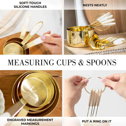 Styled Settings White and Gold Kitchen Utensils Set - 15-Piece Non-Scratch, White and Gold Utensils Set Includes White Silicone Cooking Utensils and White and Gold Measuring Cups and Spoons