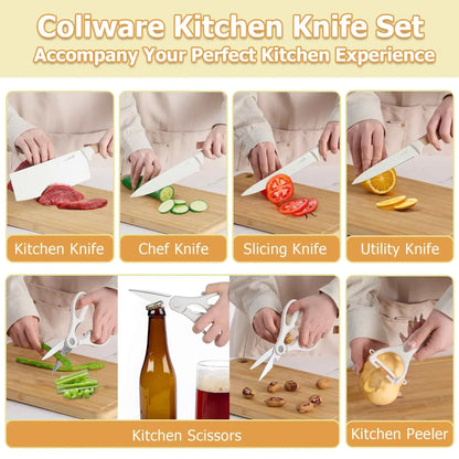 Joyfair Kitchen Knife Set, 7 Pcs Stainless Steel White Knives Block Set for Chef, Super Sharp Professional Knife Set with Universal Knife Block for Home Restaurant, Non-Stick & Anti-Rust