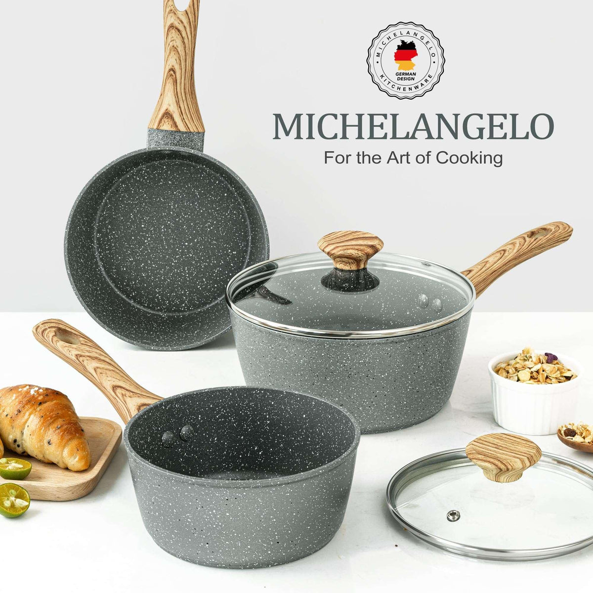 MICHELANGELO Sauce Pan with Lid, Nonstick Saucepans 1.5QT&2QT&3QT, Granite Sauce Pan 3 Piece, Stone Saucepan Set, Small Pot with Lid, Nonstick Sauce Pot Set