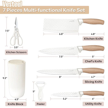 Vesteel Kitchen Knife Set of 7, Professional Stainless Steel Knives Set for Kitchen with Universal Knife Block - Khaki