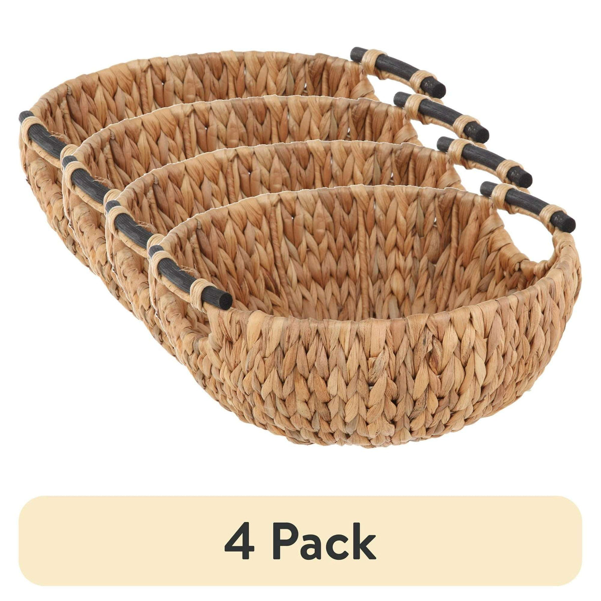 (4 pack) Better Homes & Gardens Natural Woven Water Hyacinth Decorative Bowl with Wooden Handles