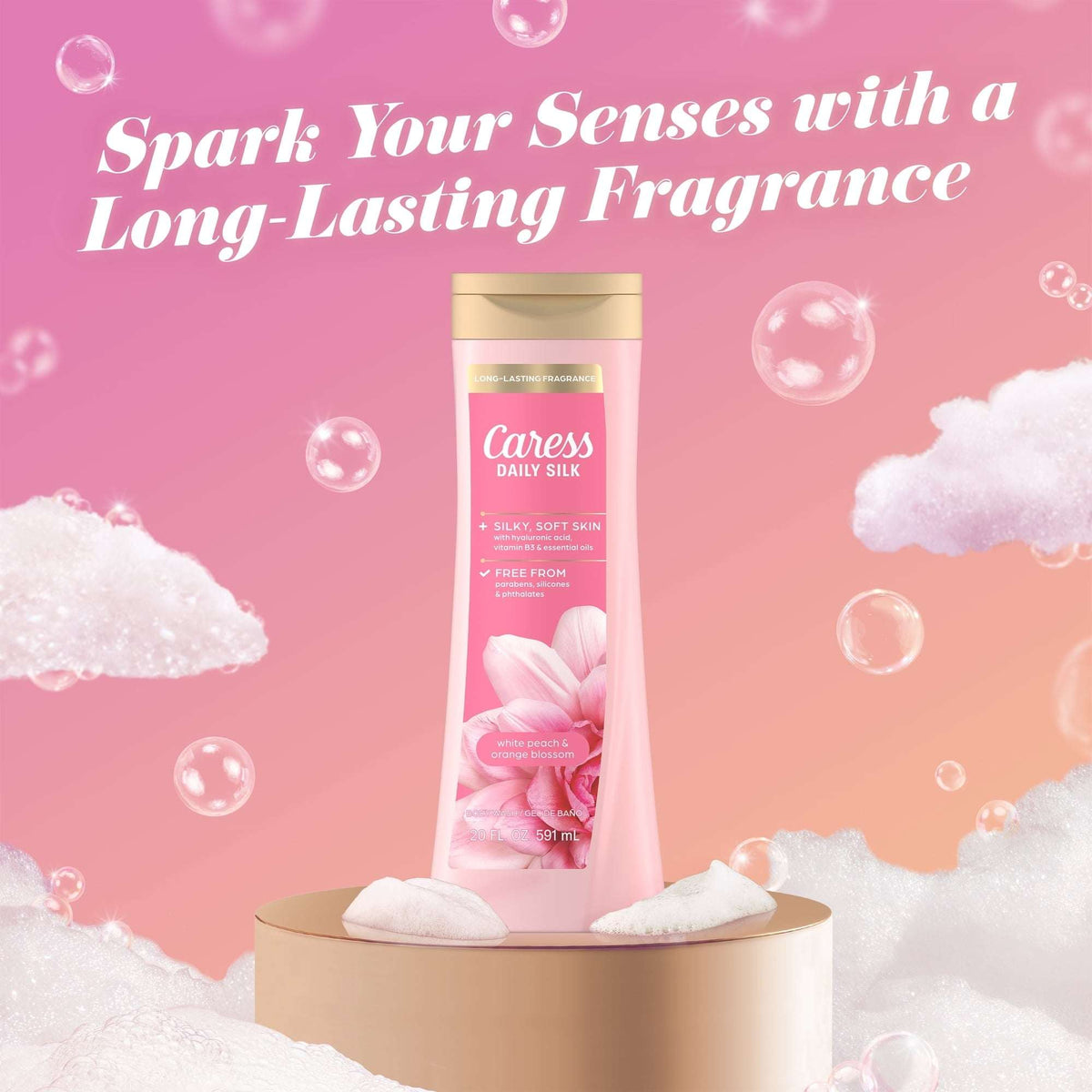 Caress Body Wash for Women, Daily Silk White Peach & Orange Blossom for All Skin 20 fl oz