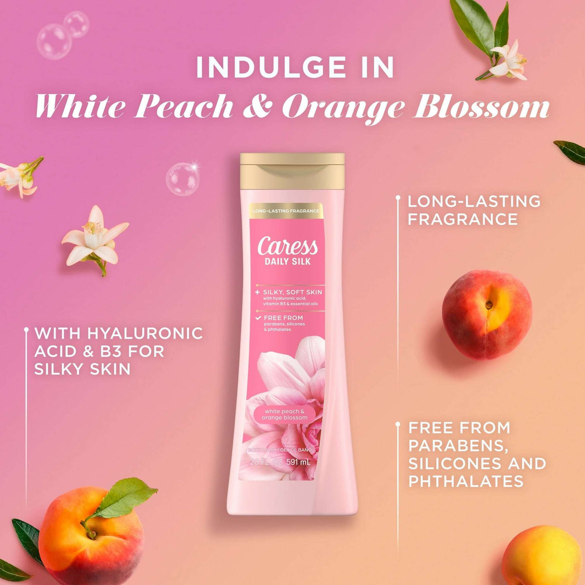 Caress Body Wash for Women, Daily Silk White Peach & Orange Blossom for All Skin 20 fl oz