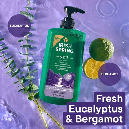 (4 pack) Irish Spring 5 in 1 Moisturizing Body Wash for Men, Fresh Eucalyptus & Bergamot Scent, 30 fl oz