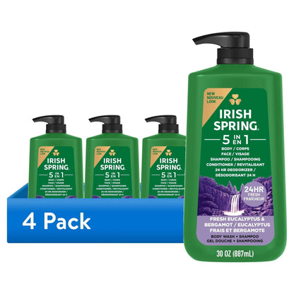 (4 pack) Irish Spring 5 in 1 Moisturizing Body Wash for Men, Fresh Eucalyptus & Bergamot Scent, 30 fl oz