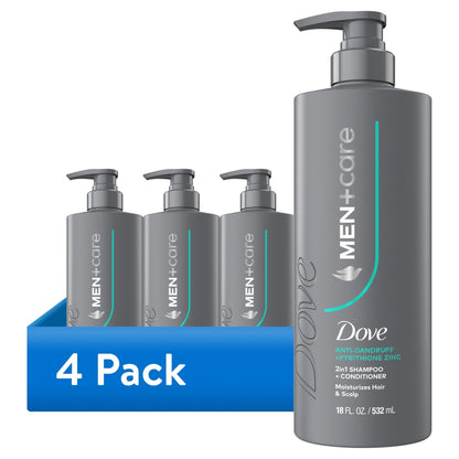 (4 pack) Dove Men+Care 2-in-1 Shampoo + Conditioner to Moisturize Hair & Scalp, Dandruff Defense with Pyrithione Zinc, 18 fl oz 1 count
