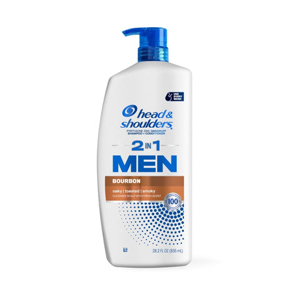 (4 pack) Head and Shoulders Mens 2 in 1 Dandruff Shampoo and Conditioner, Anti-Dandruff Treatment, Bourbon for Daily Use, Paraben Free, 28.2 oz