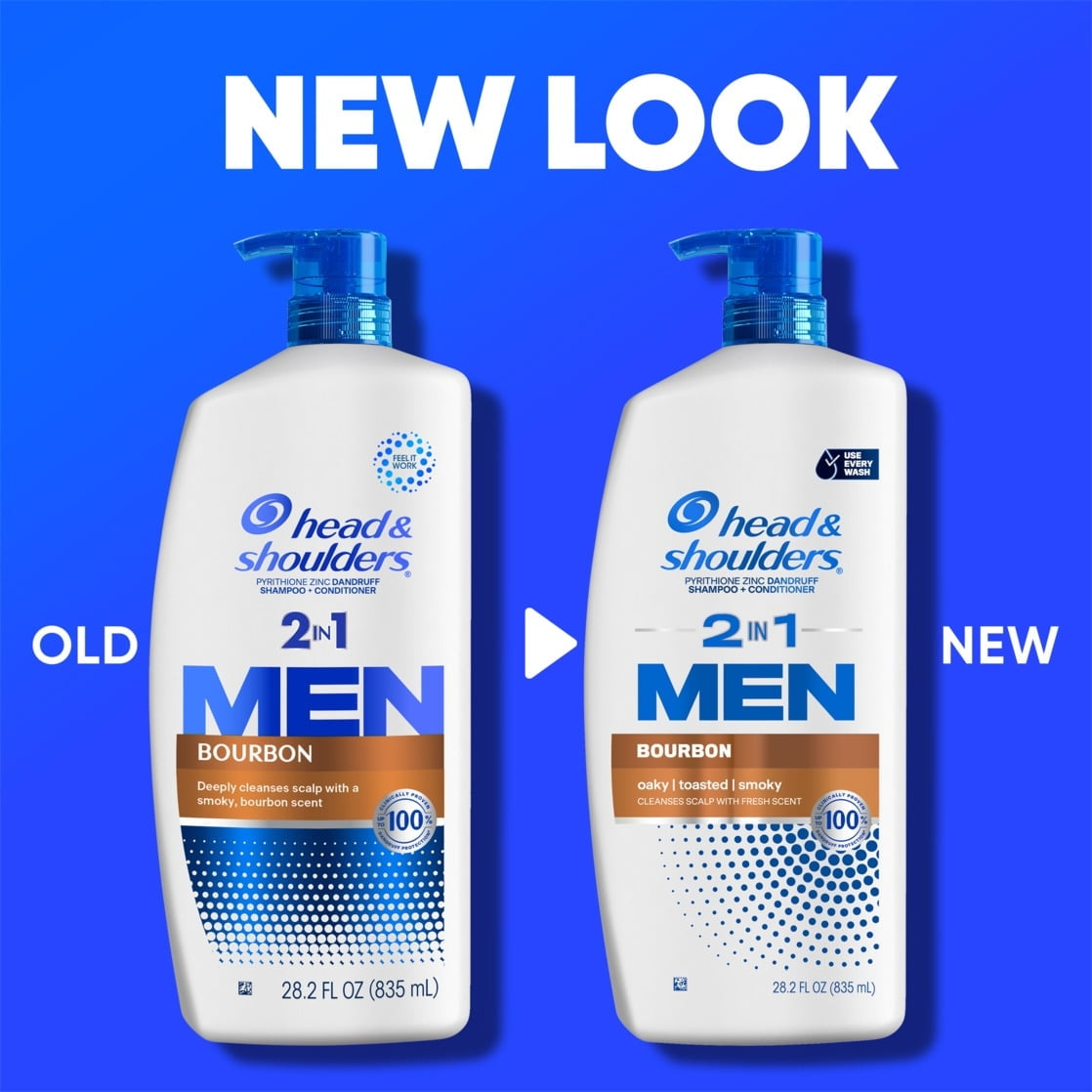 (4 pack) Head and Shoulders Mens 2 in 1 Dandruff Shampoo and Conditioner, Anti-Dandruff Treatment, Bourbon for Daily Use, Paraben Free, 28.2 oz