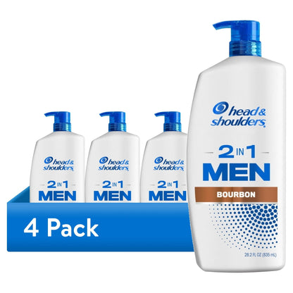 (4 pack) Head and Shoulders Mens 2 in 1 Dandruff Shampoo and Conditioner, Anti-Dandruff Treatment, Bourbon for Daily Use, Paraben Free, 28.2 oz