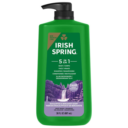(4 pack) Irish Spring 5 in 1 Moisturizing Body Wash for Men, Fresh Eucalyptus & Bergamot Scent, 30 fl oz