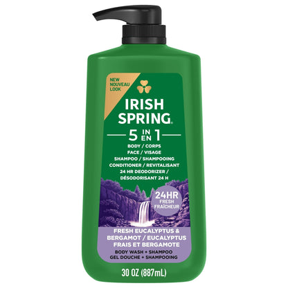 (4 pack) Irish Spring 5 in 1 Moisturizing Body Wash for Men, Fresh Eucalyptus & Bergamot Scent, 30 fl oz