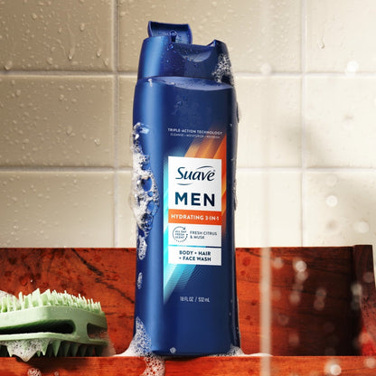 (4 pack) Suave Men Hydrating 3-in-1 Body, Hair & Face Wash with Glycerin and Vitamin E, 18 fl oz
