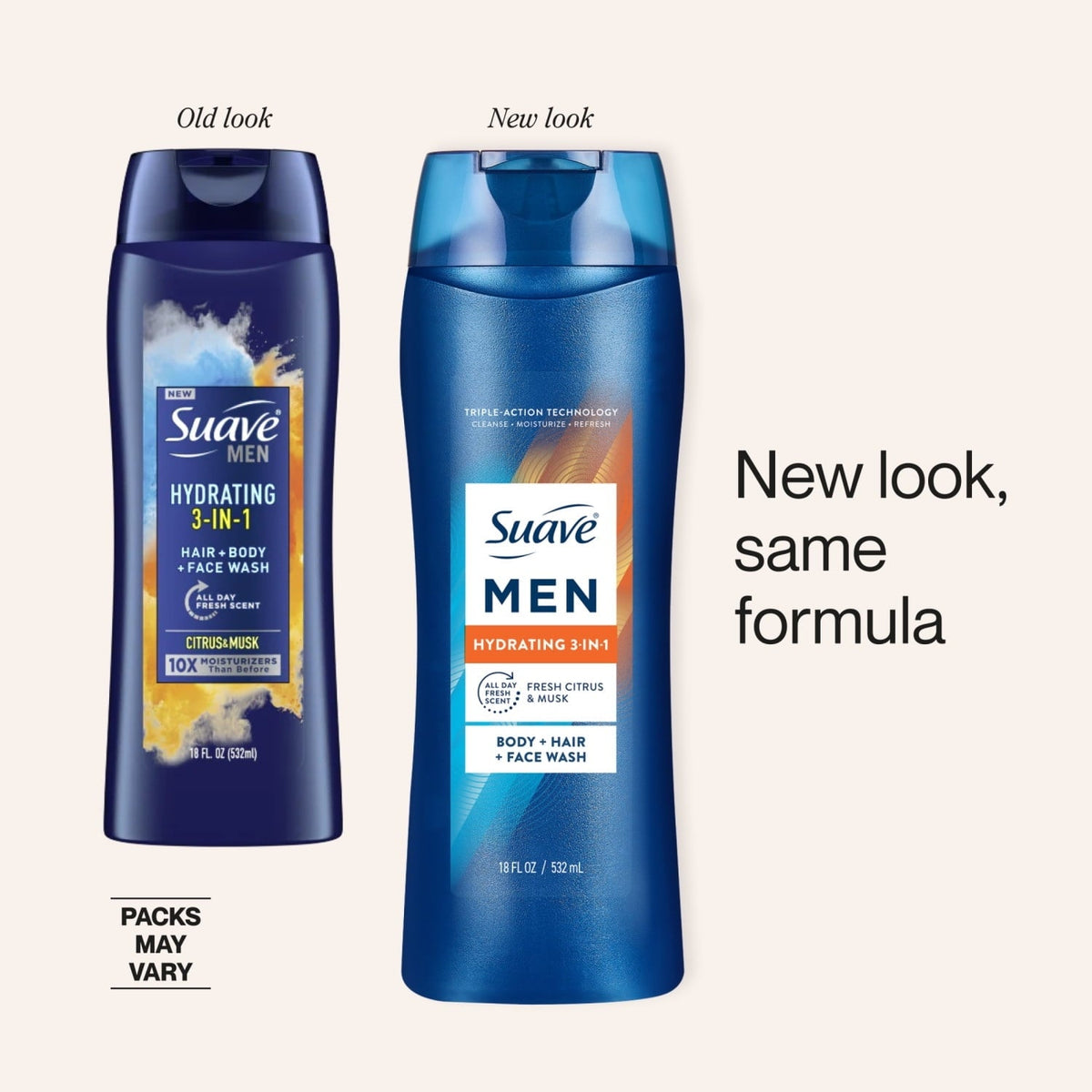 (4 pack) Suave Men Hydrating 3-in-1 Body, Hair & Face Wash with Glycerin and Vitamin E, 18 fl oz