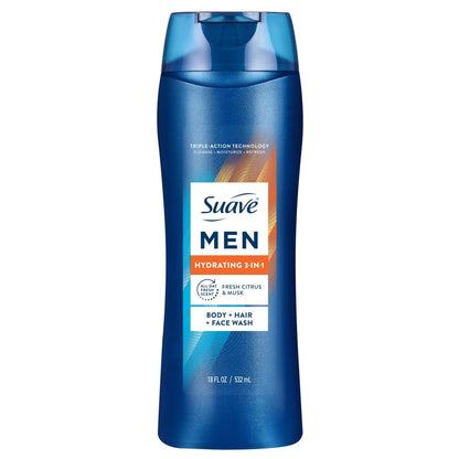 (4 pack) Suave Men Hydrating 3-in-1 Body, Hair & Face Wash with Glycerin and Vitamin E, 18 fl oz