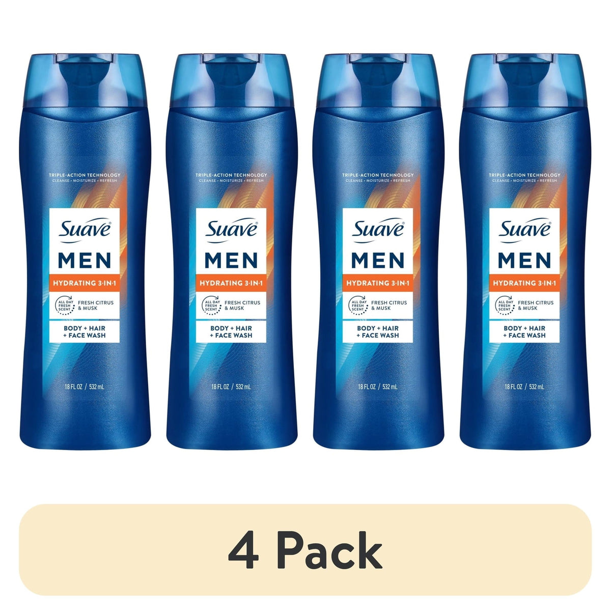 (4 pack) Suave Men Hydrating 3-in-1 Body, Hair & Face Wash with Glycerin and Vitamin E, 18 fl oz