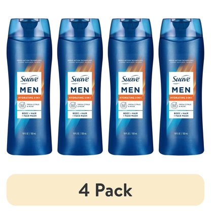(4 pack) Suave Men Hydrating 3-in-1 Body, Hair & Face Wash with Glycerin and Vitamin E, 18 fl oz