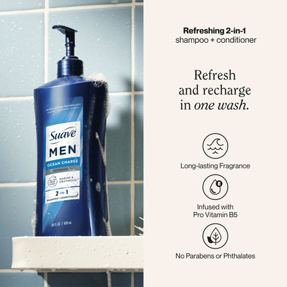 (4 pack) Suave Men Refreshing 2-in-1 Body & Face Wash with Glycerin & Vitamin E, Ocean Charge, 28 fl oz