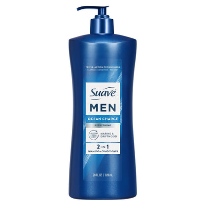 (4 pack) Suave Men Refreshing 2-in-1 Body & Face Wash with Glycerin & Vitamin E, Ocean Charge, 28 fl oz