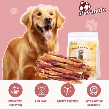 Pawmate Chicken Jerky & Duck & Cod Twist Dog Treats, Premium Pure Meat Snacks for All Dogs, 28-29 Count