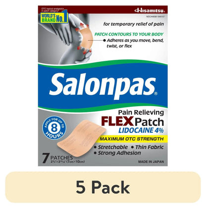 Salonpas Maximum Strength Flex Pain Relief Patch Lidocaine 4%, 8 Hours, Thin, Flexible, 7 Count