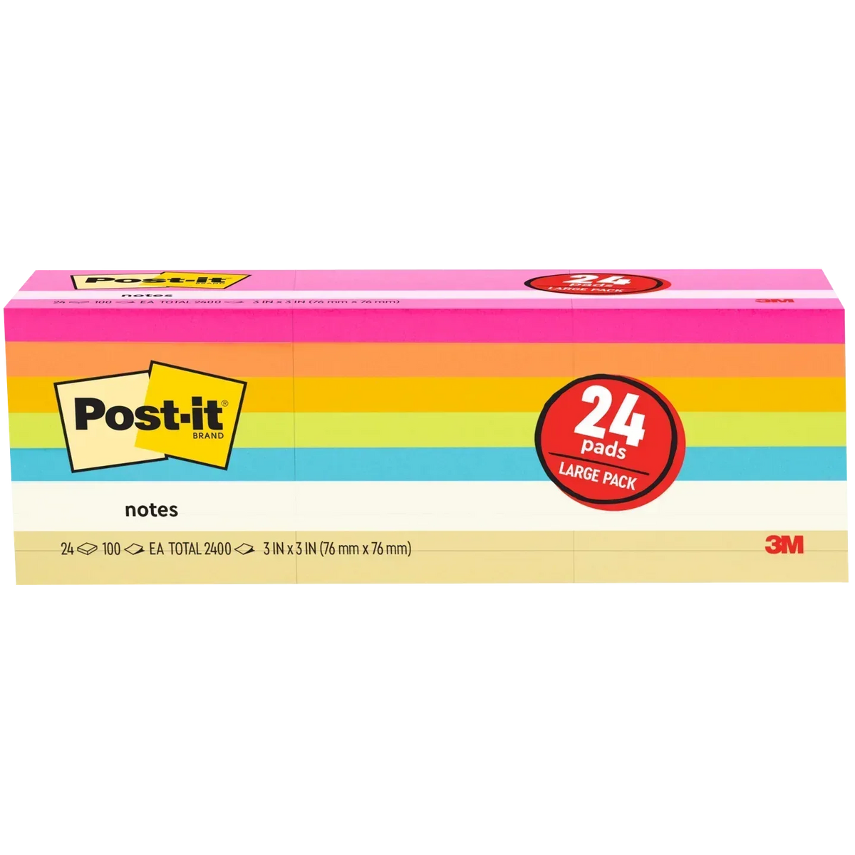 Post-it Notes, 3” x 3”, Assorted Bright Colors, 100 Sheets, 24 Pads