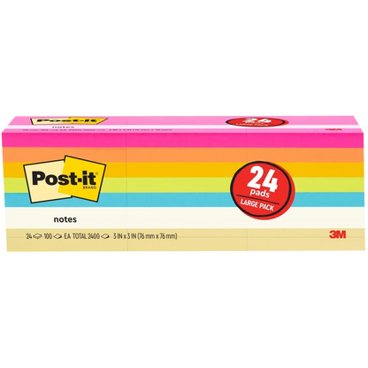 Post-it Notes, 3” x 3”, Assorted Bright Colors, 100 Sheets, 24 Pads