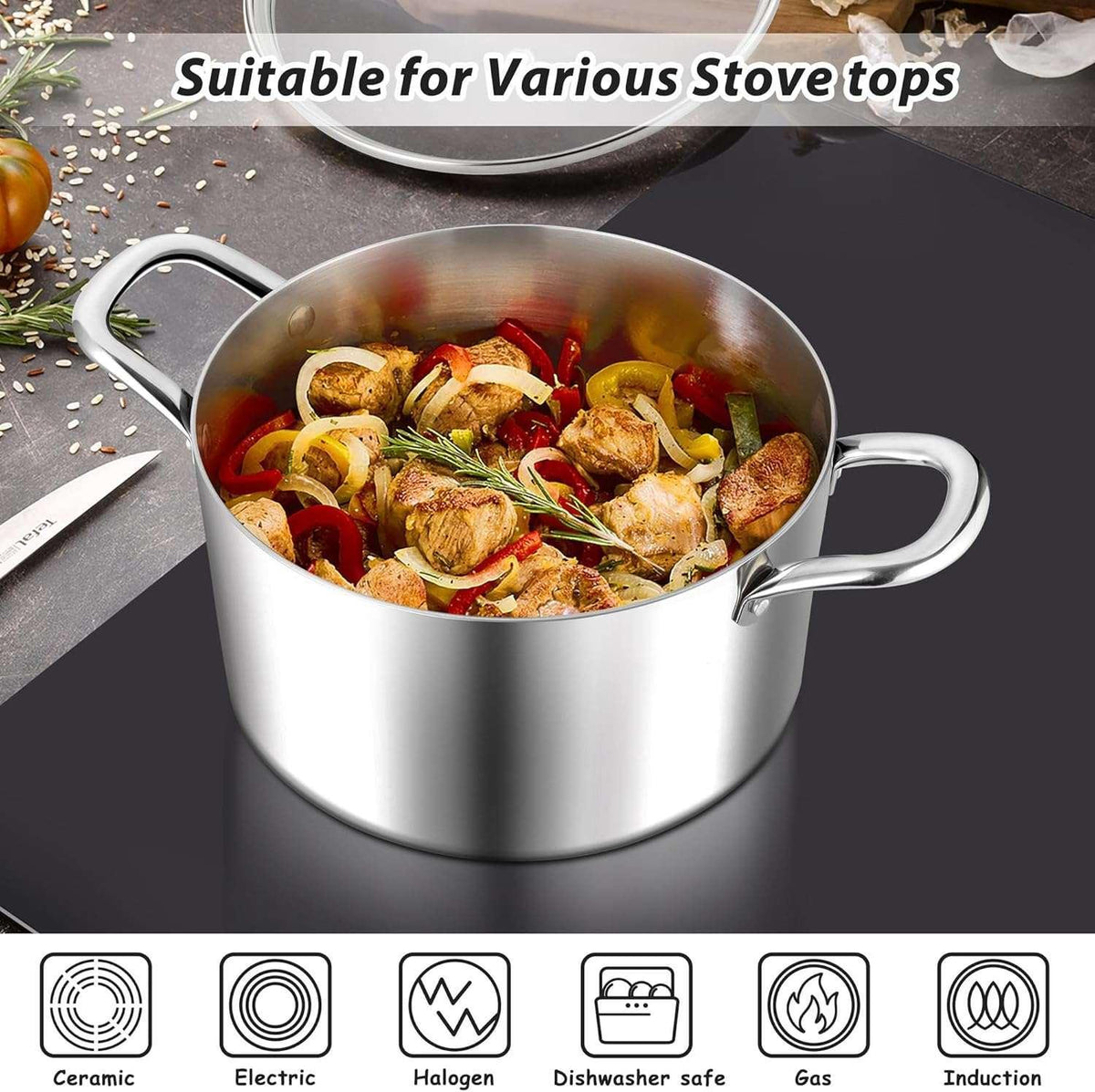 Coliware 6 QT Stainless Steel Stock Pot with Glass Lid , Cooking Soup Pot with 3-Ply Whole Clad for Home and Restaurant, Induction Cookware & Dishwasher Safe