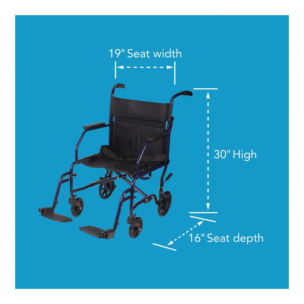 Carex Steel Transport Chair with 19" Seat, Swing-Away Footrests, Blue, 300 lb Weight Capacity