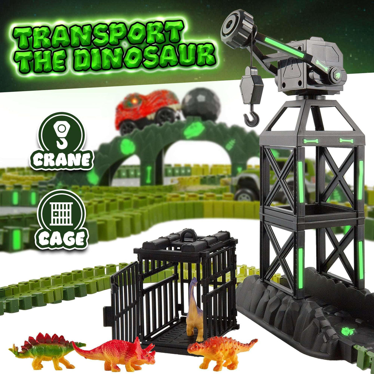USA Toyz Dinosaur Dash Track 6 Dinosaurs LED Dino Car STEM Set Toy 225 Piece Tracks for Kids Ages 3+